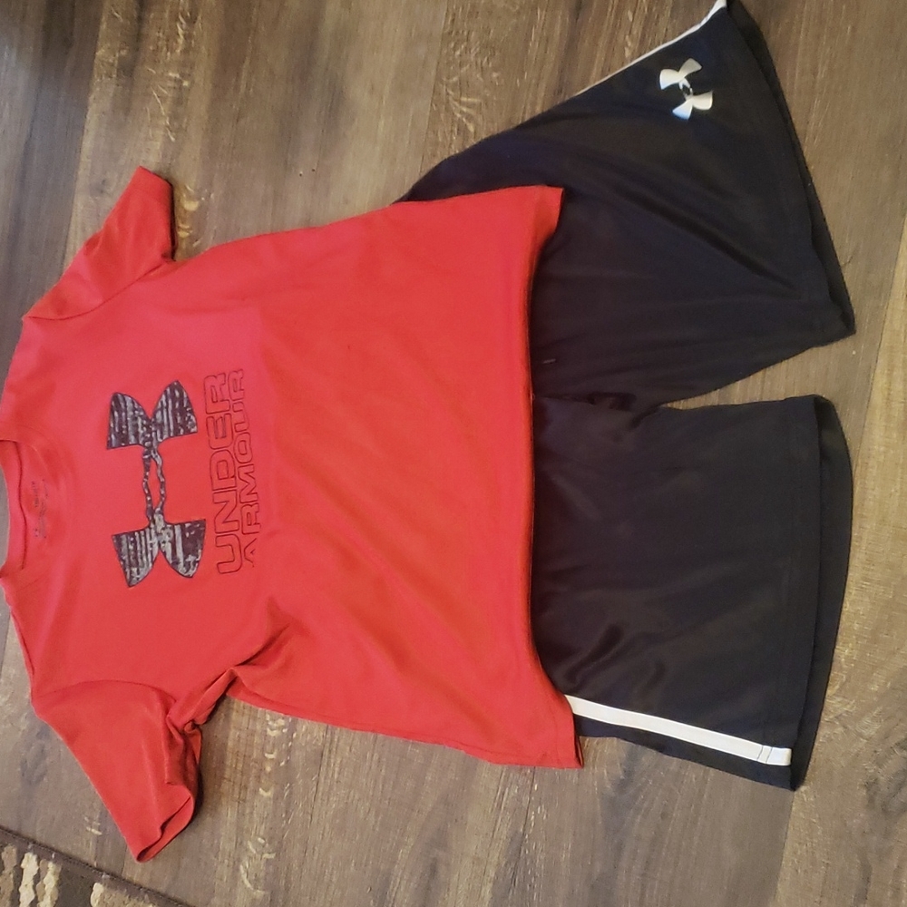 Bundle of medium size 1 red shirt 1 pair of black shorts. Red shirt has snags!